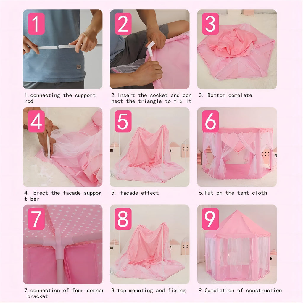 Princess Castle Play Tent with LED Star Lights,Large Size 55" X 53" Pink Hexagon Playhouses Kids Tent Indoor Outdoor Games for Toddlers 2-8 Years Old