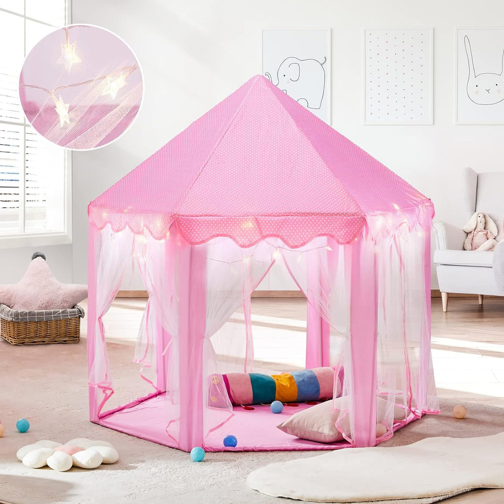 Princess Castle Play Tent with LED Star Lights,Large Size 55" X 53" Pink Hexagon Playhouses Kids Tent Indoor Outdoor Games for Toddlers 2-8 Years Old