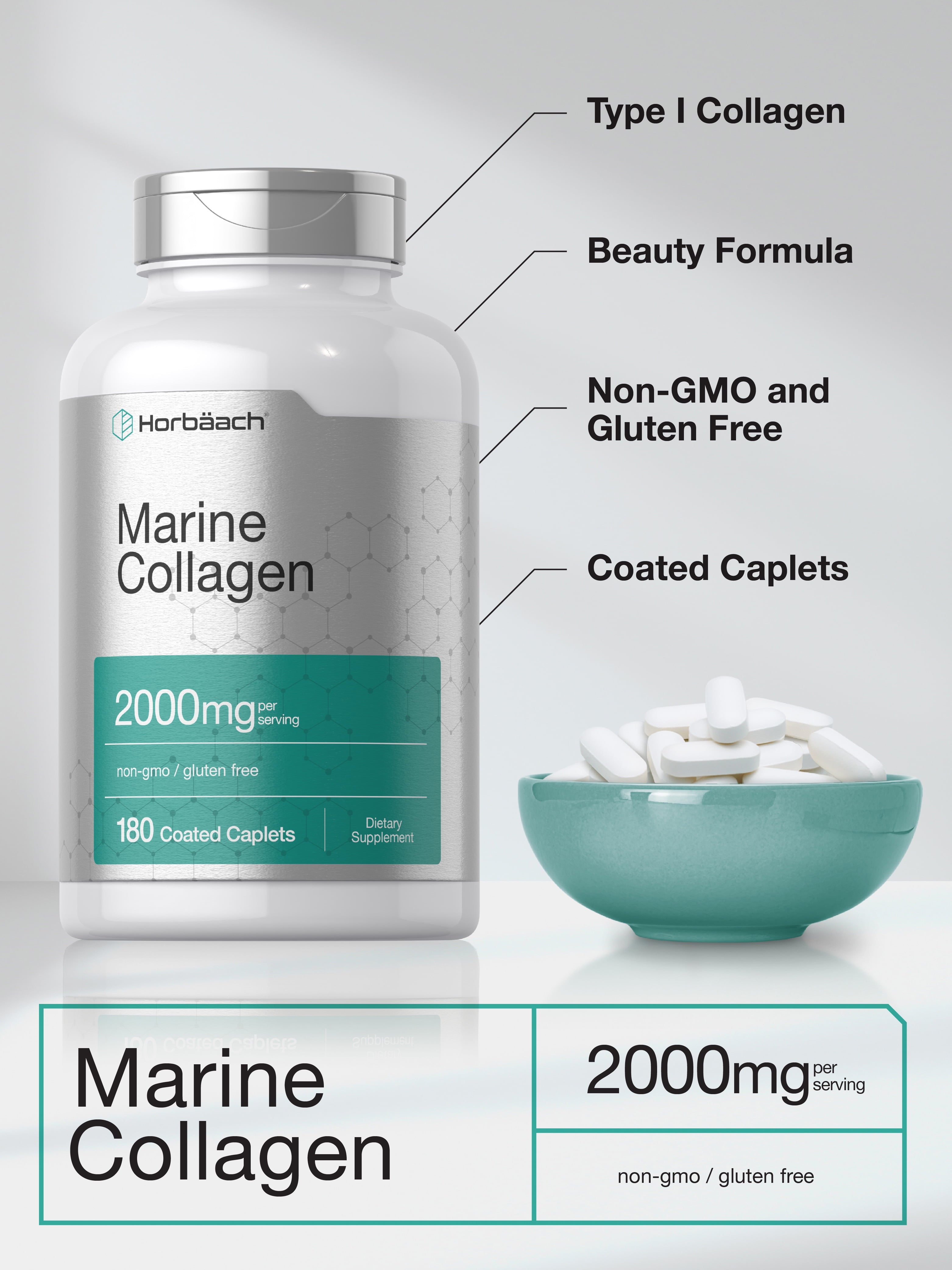Marine Collagen Peptides 2000Mg | 180 Caplets | Non-Gmo, Gluten Free Supplement | by