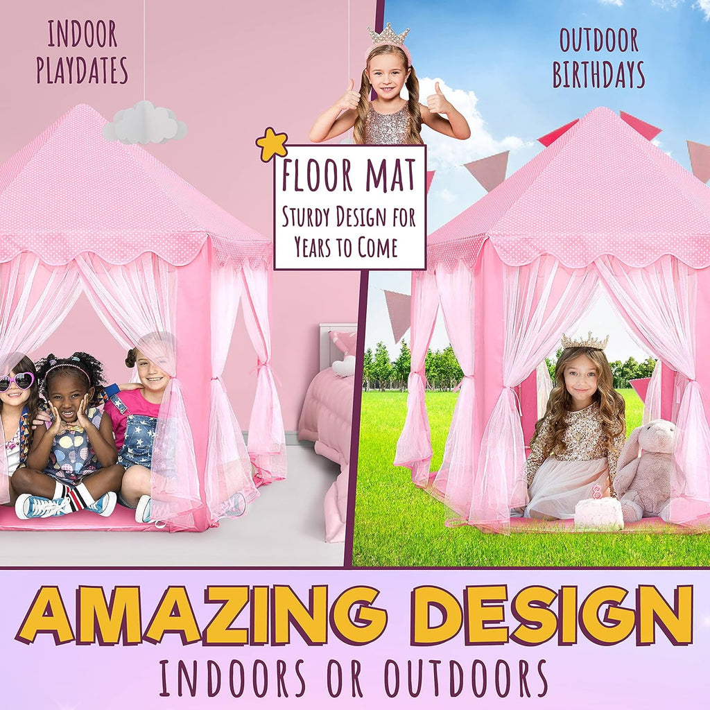 Princess Castle Play Tent with LED Star Lights,Large Size 55" X 53" Pink Hexagon Playhouses Kids Tent Indoor Outdoor Games for Toddlers 2-8 Years Old