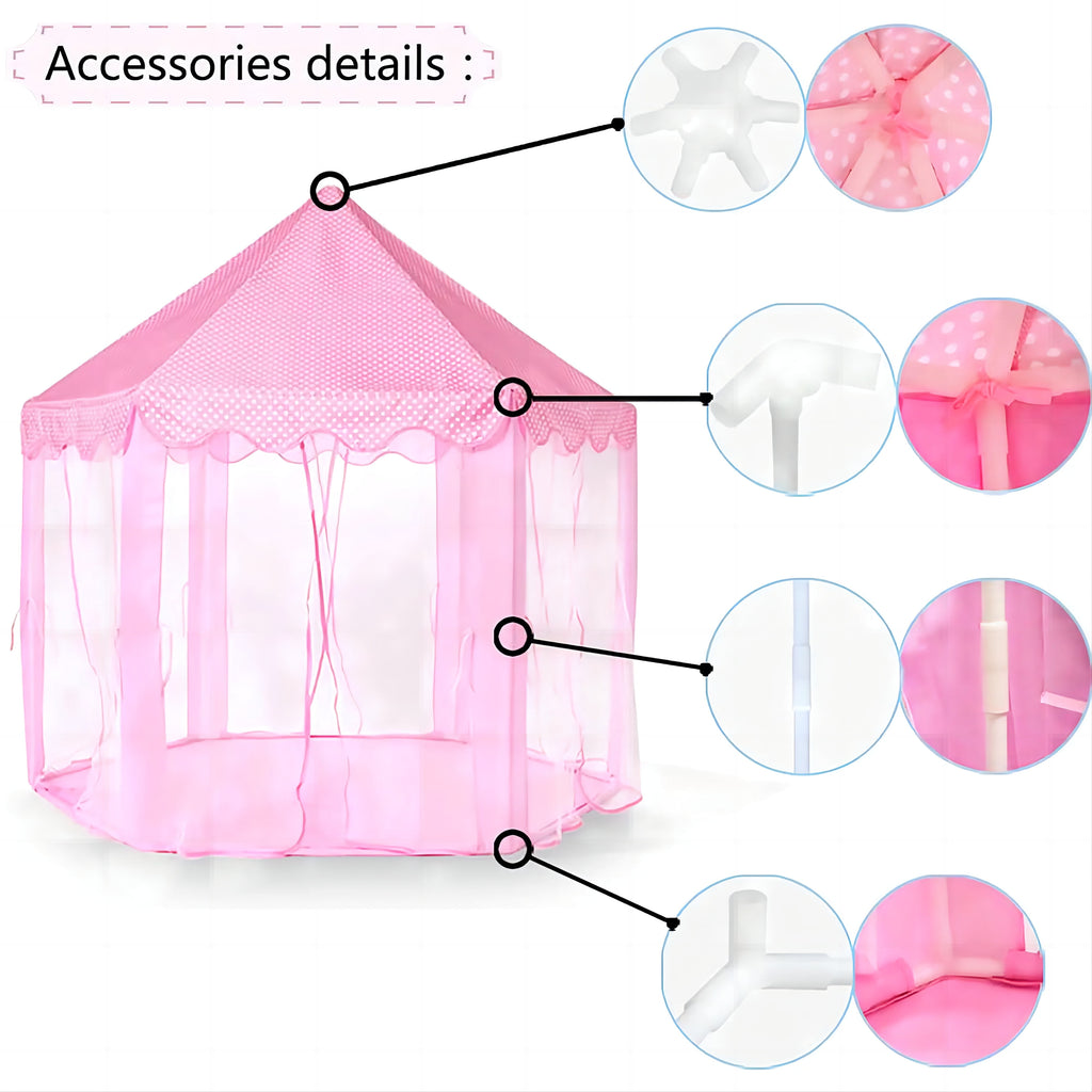 Princess Castle Play Tent with LED Star Lights,Large Size 55" X 53" Pink Hexagon Playhouses Kids Tent Indoor Outdoor Games for Toddlers 2-8 Years Old