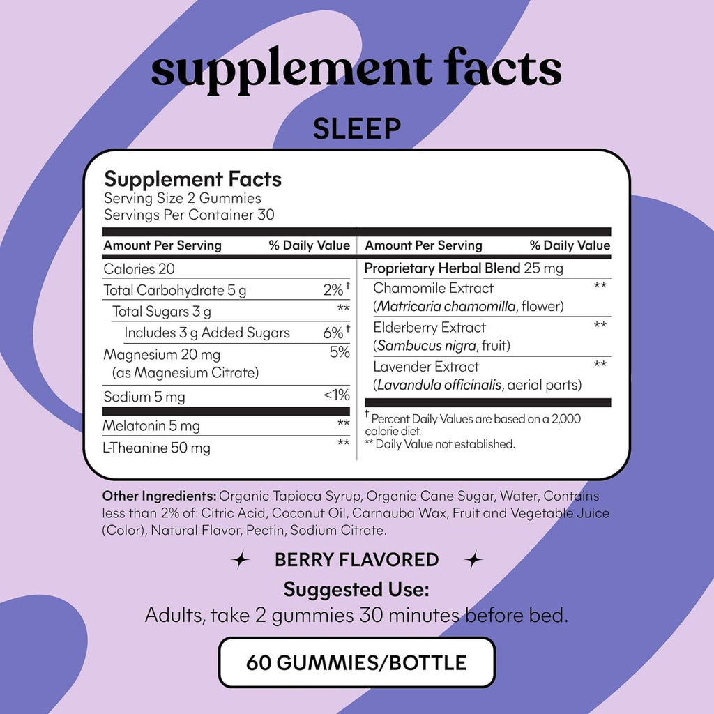Sleep Gummies with 5Mg Melatonin, Elderberry, Magnesium, L-Theanine, Chamomile and Lavender, Drug-Free Nighttime Sleep Aid, Vegan, Gluten Free, Gelatin Free, Non GMO, Berry Flavored, 60 Count