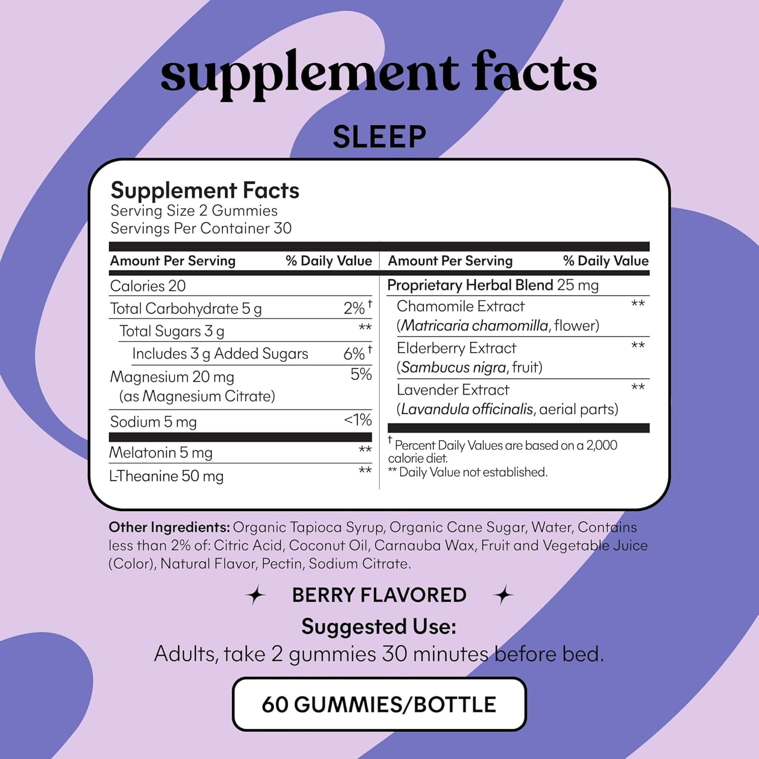 Sleep Gummies with 5Mg Melatonin, Elderberry, Magnesium, L-Theanine, Chamomile and Lavender, Drug-Free Nighttime Sleep Aid, Vegan, Gluten Free, Gelatin Free, Non GMO, Berry Flavored, 60 Count