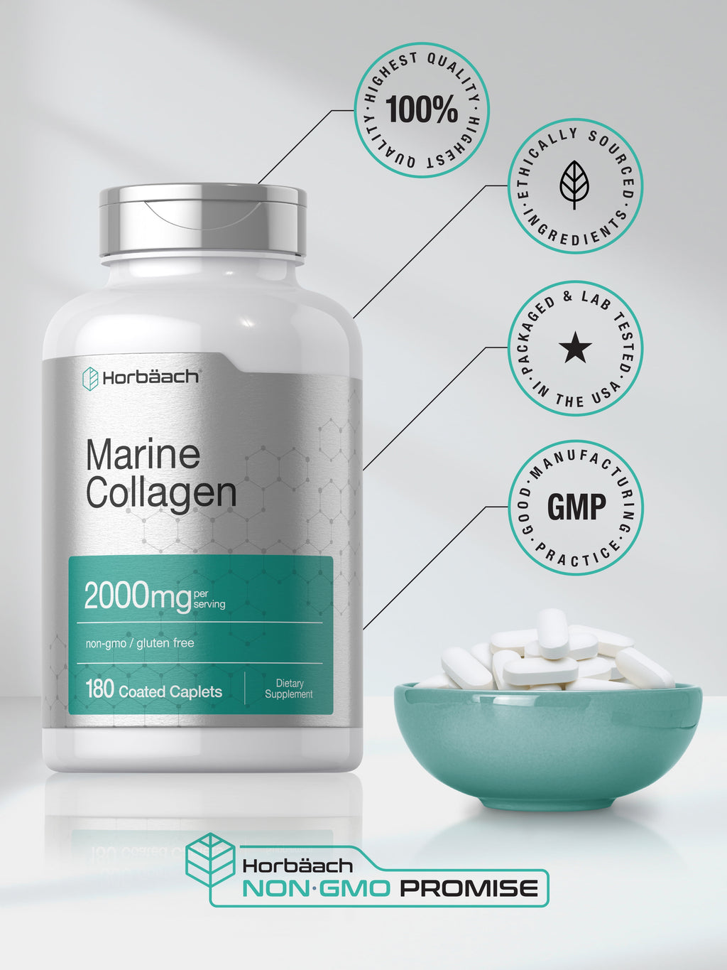 Marine Collagen Peptides 2000Mg | 180 Caplets | Non-Gmo, Gluten Free Supplement | by