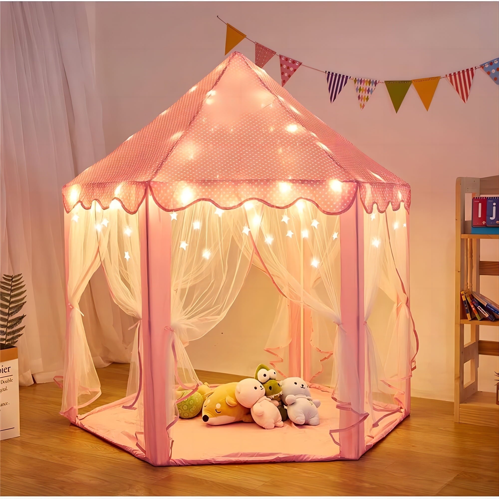 Princess Castle Play Tent with LED Star Lights,Large Size 55" X 53" Pink Hexagon Playhouses Kids Tent Indoor Outdoor Games for Toddlers 2-8 Years Old