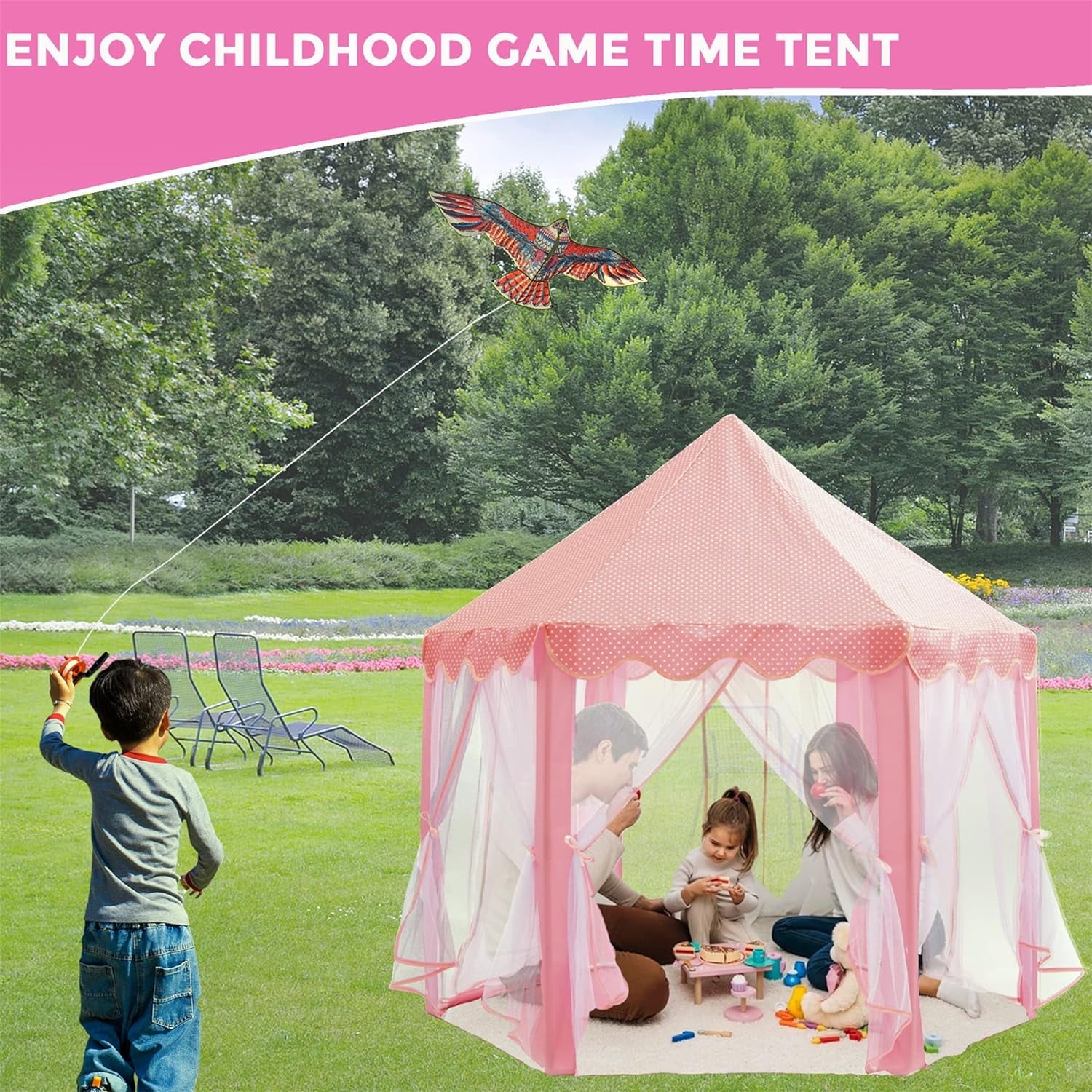 Princess Castle Play Tent with LED Star Lights,Large Size 55" X 53" Pink Hexagon Playhouses Kids Tent Indoor Outdoor Games for Toddlers 2-8 Years Old
