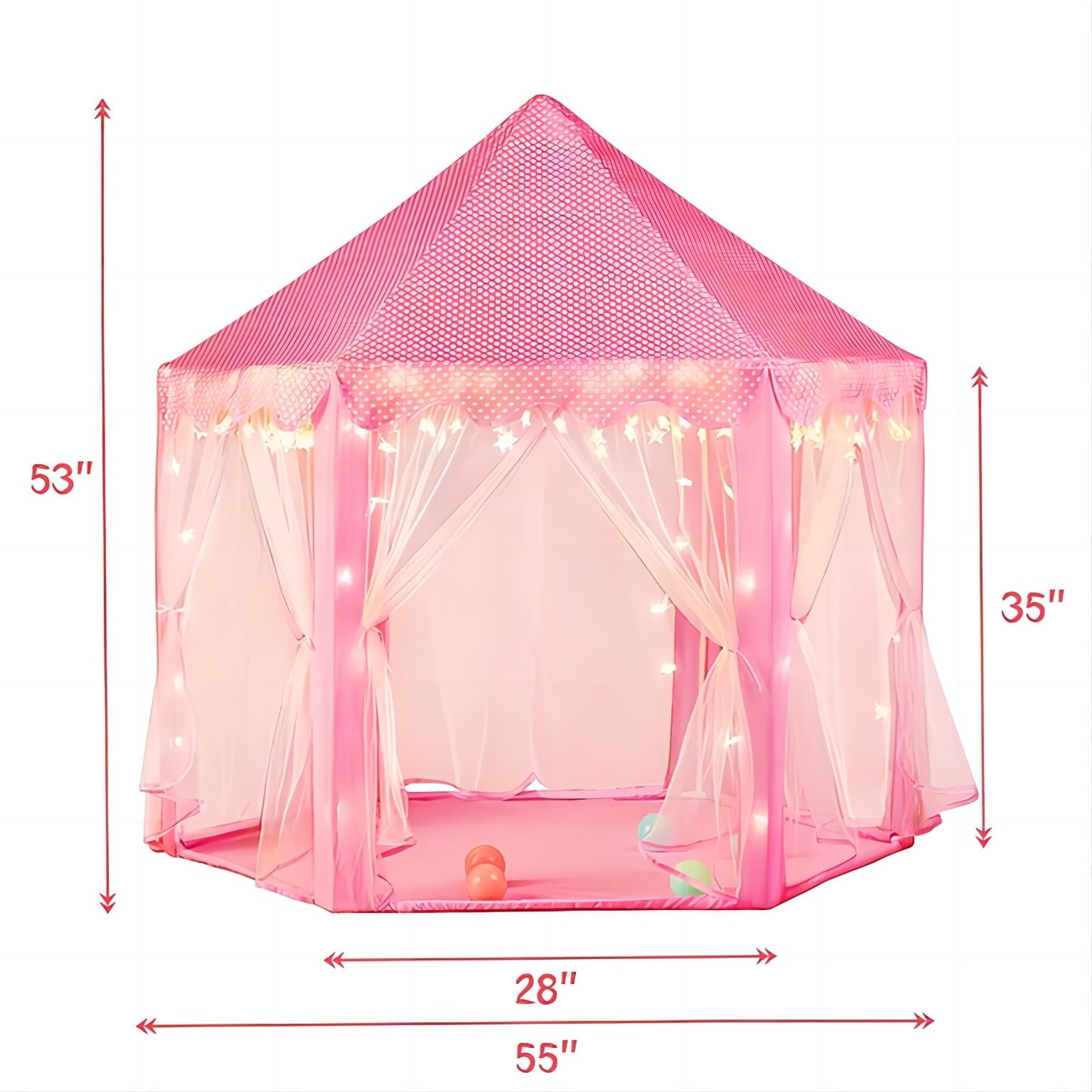 Princess Castle Play Tent with LED Star Lights,Large Size 55" X 53" Pink Hexagon Playhouses Kids Tent Indoor Outdoor Games for Toddlers 2-8 Years Old