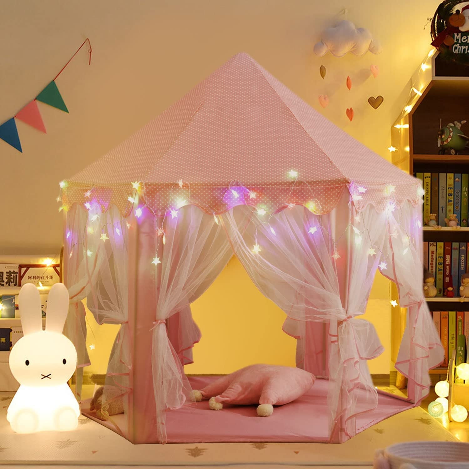 Princess Castle Play Tent with LED Star Lights,Large Size 55" X 53" Pink Hexagon Playhouses Kids Tent Indoor Outdoor Games for Toddlers 2-8 Years Old